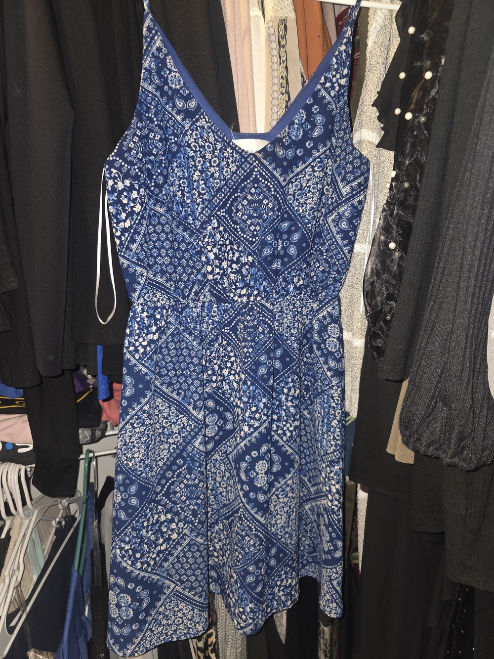 French Grey Blue Bandana-Print Spaghetti Strap Dress